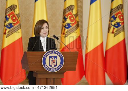 Bucharest, Romania - February 23, 2023: Moldovan President Maia Sandu Make A Statements During The M
