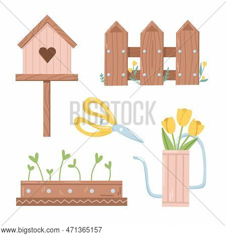 Decorative Set Of A Wooden Birdhouse, A Fence, A Watering Can, Pot With Seedlings And Garden Shears