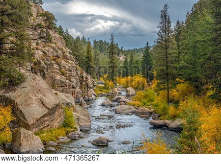 A Rushing Mountain Stream Cascading Down The Mountain Sides In 11 Mile Canyon In Colorado.