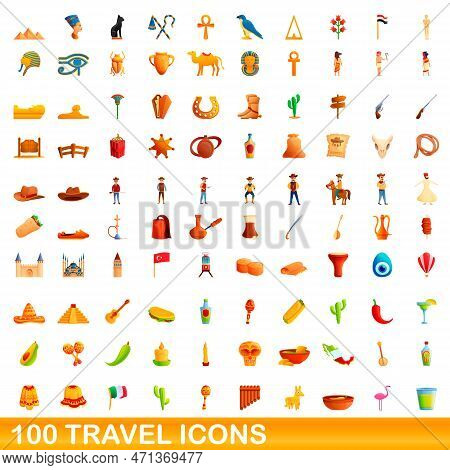 100 Travel Icons Set. Cartoon Illustration Of 100 Travel Icons Set Isolated On White Background