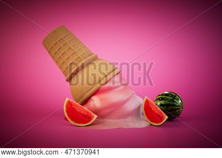 Fallen Melted Watermelon Ice Cream. Fallen Ice Cream In A Waffle Cup Next To A Watermelon. 3d Render