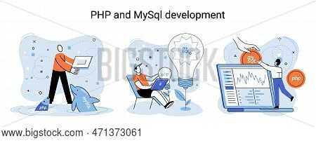 Php And Mysql Development Metaphor. Software Website Developer With Computer, Programmer Service, Op