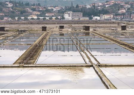 Winter Panoramic View Of Marine Pools In Secovlje Salt Pan, Slovenia