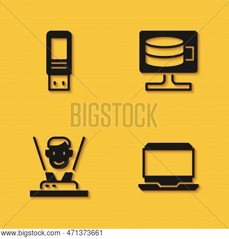 Set Usb Flash Drive, Laptop, Hologram And Cloud Database Icon With Long Shadow. Vector