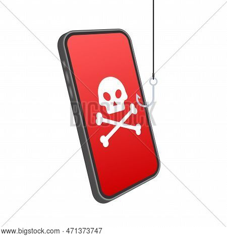 Data Phishing With Fishing Hook, Mobile Phone, Internet Security. Vector Stock Illustration.