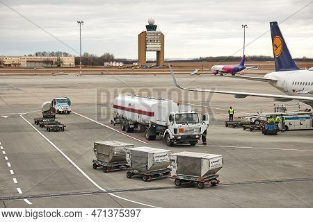 Budapest, Hungary - Circa 2021: Tank Truck At An Airport To Refuel A Jet Aircraft, Airliner Refuelli