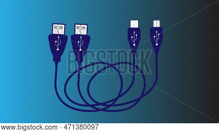 Usb Charger Cable Isolated Blue Color On Cyan And Gray Color Illustration Background.