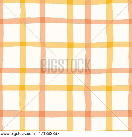 Peach And Yellow Watercolor Hand-drawn Windowpane Plaid Vector Seamless Pattern. Romantic Artistic C