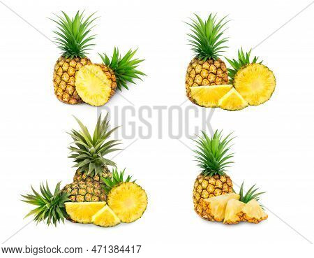 Pineapple Fruit. Collection Organic Pineapple Isolated On White Background. Pineapple With Clipping 