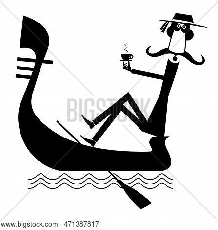 Man Riding A Gondola. 
Resting Gondolier Drinking A Cup Of Coffee Or Tea. Black On White Illustratio