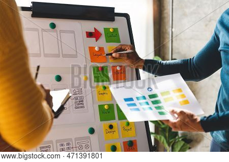 Brainstorm Team Of Creative Web Graphic Designer Planning, Group Of Asian Mobile Phone App Developer