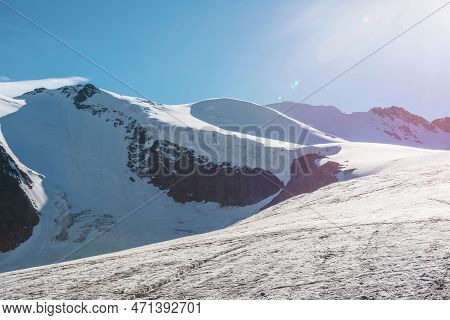 Minimalist Mountain Landscape With Large Glacier In Sunlight. Simple Snowy Minimalism With Glacial T