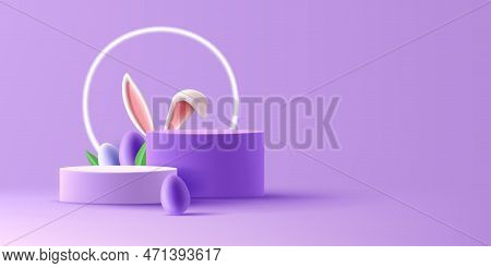 Spring Easter Podium, Cylinder Pedestal With Eggs And Bunny Ears And Neon Glowing Circle, Violet Col