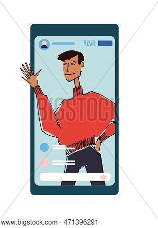 Young Man, Girl Waving Hand From Phone Screen. Flat Style, Isolated Vector Element