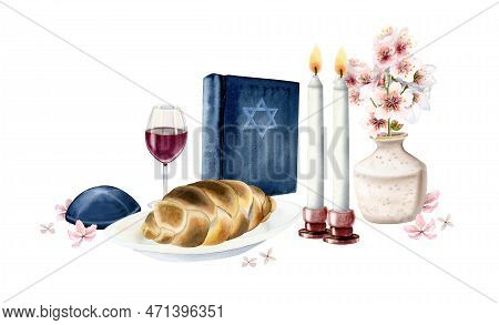Watercolor Shabbat Shalom Illustration For Saturday Greetings With Challah, Candles, Torah Book, Kip