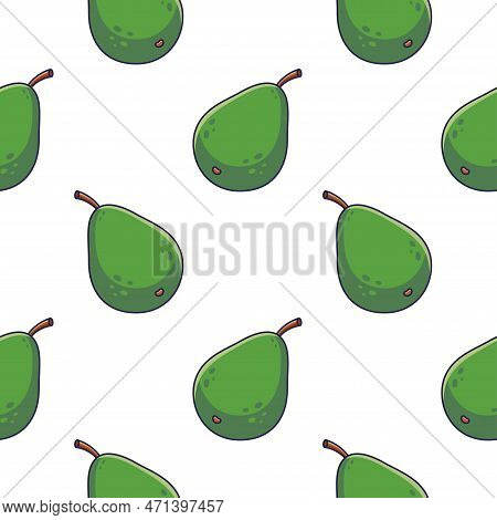 Cute Green Avacado Seamless Pattern In Doodle Style.. Vector Hand Drawn Cartoon Avacado Illustration