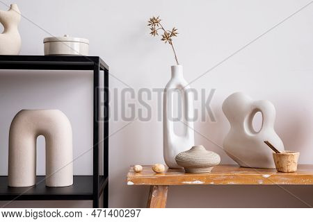 Scandinavian Composition With Black Console, Wooden Bench,dried Flowers In  White Vase, Candlestick,