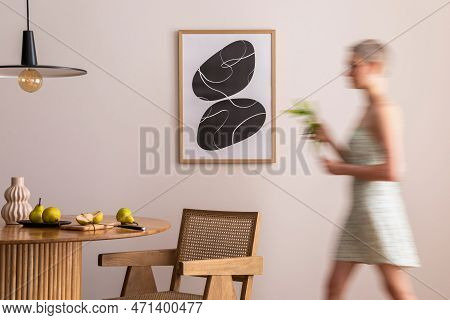 Interior Design Of Aesthetic And Elegant Room With Woman In Dress, Mock Up Poster Frame, Round Table