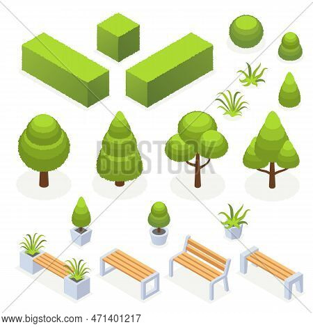 Isometric Park Landscape Elements. 3d City Outdoor Objects. Eco Modern Streen Bench With Trees Bushe