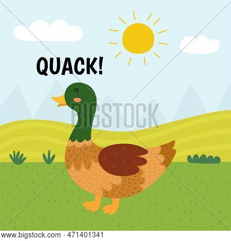 Duck Saying Quack Print. Cute Farm Character On A Green Pasture Making A Sound
