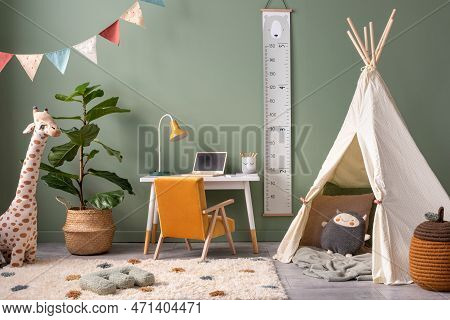 Creative Composition Of Stylish And Cozy Child Room Interior Design With Green Wall With Bottle Gree