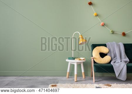 Creative Composition Of Stylish And Cozy Child Room Interior Design With Green Wall With Bottle Gree