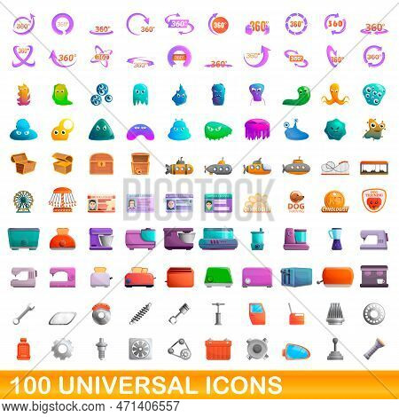 100 Universal Icons Set. Cartoon Illustration Of 100 Universal Icons Set Isolated On White Backgroun