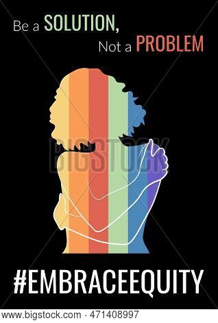 International Women's Day Banner With Rainbow Woman Hugging Herself. Embrace Equity Movement Illustr