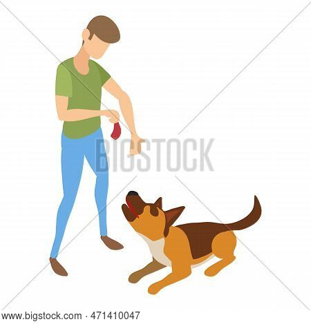 Cynologist Give Meat To Dog Icon. Isometric Of Cynologist Give Meat To Dog Icon For Web Design Isola
