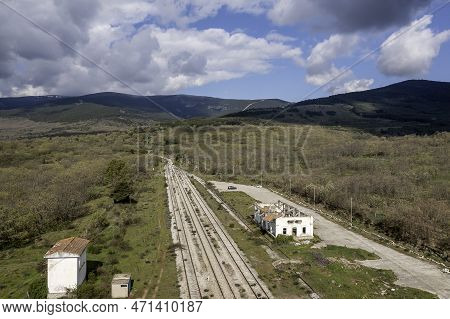 Aerial Drone View Landscape Abandoned Train Station In 