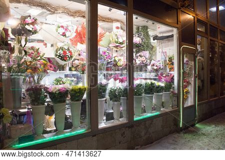 Night Showcase Of A Small Flower Shop