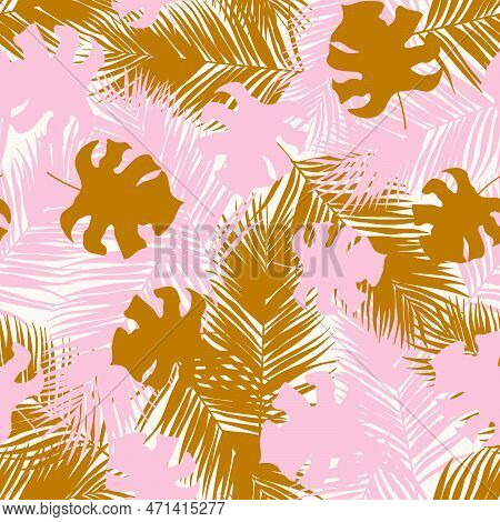 Palm And Monstera Leaves Seamless Pattern Design. Tropical Leaves Branch And Monstera Summer Pattern