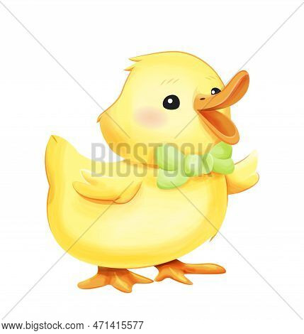 Cute Baby Duck. Yellow Bird In Green Bow, Chicken. Toy Or Mascot. Charming Character For Invitation 