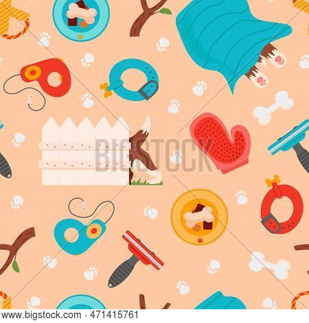 Puppy Stuff. Cute Illustration, Dog Care Items. Toys, Food Bowl, Bone, Dog-collar, Leash Roulette, P