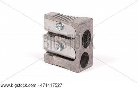 Old Manual Metal Pencil Sharpner On White Background