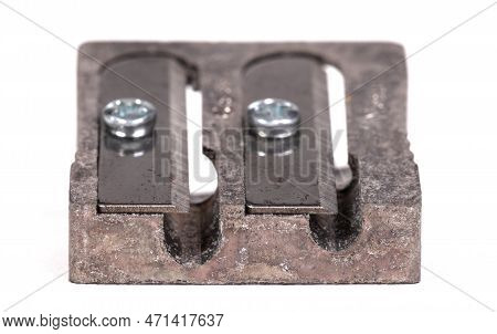 Old Manual Metal Pencil Sharpner On White Background