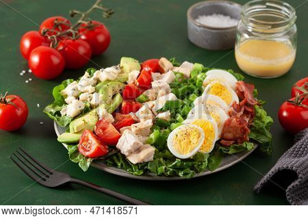 Healthy American Cobb Salad With Egg Bacon Avocado Chicken Tomato. Hearty Keto Low Carb Diet
