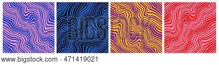 Set Of Wavy Seamless Trippy Patterns In Psychedelic Colors. Abstract Vector Swirl Backgrounds. 1970 