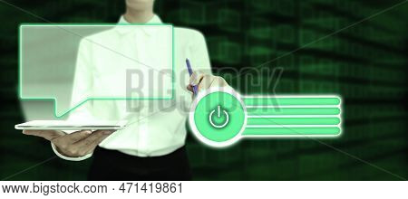 Lady In Office Suit Holding Tablet And Pen. Pointing On Fufturistic Element On Screen. Image With Co