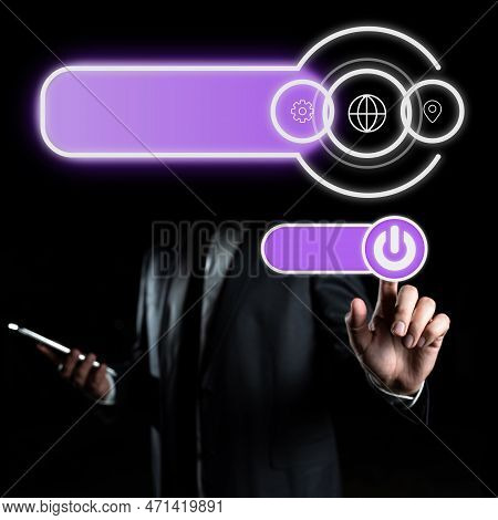 Man In Black Office Suit Standing And Pressing Virtual Button With His Finger. Futuristic Digital De