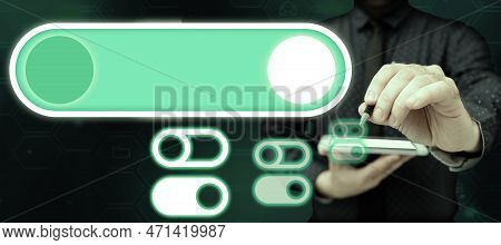Businessman In Office Suit Holding Tablet And Pen. Written Virtual Text On Screen. Futuristic Image 