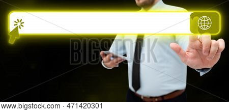 Man In Office Shirt Satnding And Holding Mobile Phone. Businessman Pressing Virtual Button With His 