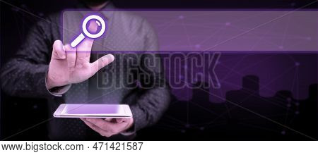 Human In Office Suit Holding Mobile Phone And Pressing On Virtual Button With Finger. Futuristic Ima