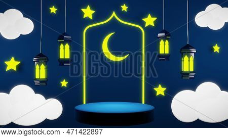 Ramadan Kareem - Eid Mubarak. 3d Rendering Ramadan Background With Mosque And Star Moon Ornament, Is