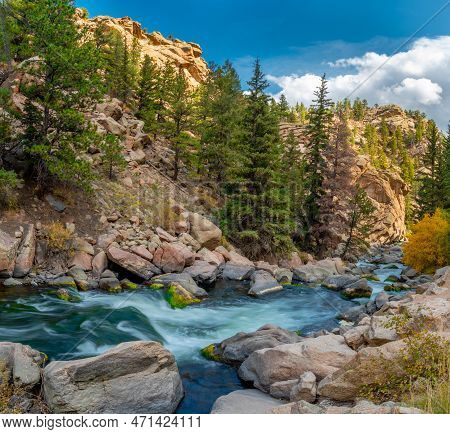 A Rushing Mountain Stream Cascading Down The Mountain Sides In 11 Mile Canyon In Colorado.