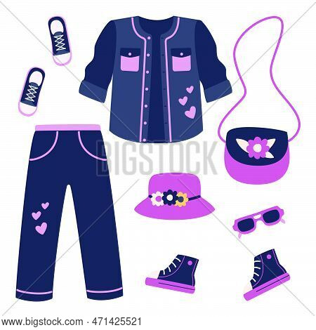 A Set Of Clothes And Shoes - Jeans, Denim Jacket, Sneakers, Glasses, Handbag, Panama Hat. Vector Ill