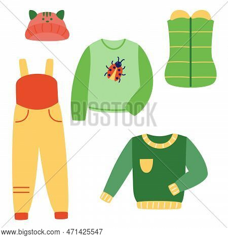 A Set Of Warm Clothes - A Vest, A Hat, Sweaters, A Kombenizon. Vector Illustration Of Stylized Thing