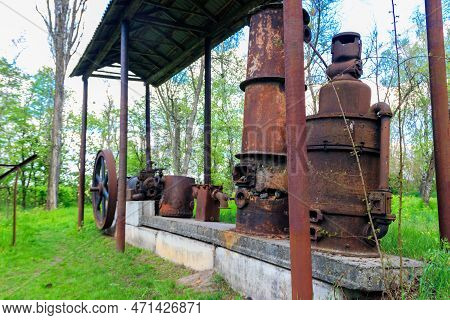 Old Steaming Threshing Machine In Open Air Museum Of Folk Architecture And Folkways Of Middle Naddni