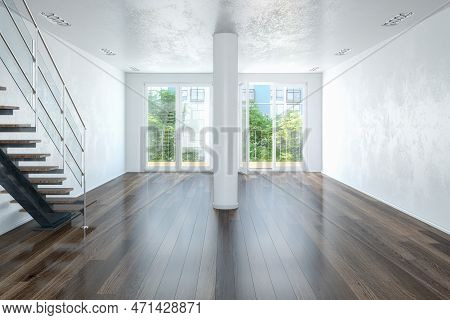 3d Rendering Of An Empty Modern Loft With Large Windows And A Staircase - Bright Living Room.