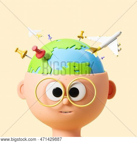 Cartoon Man Head With Earth Globe And Pins, Airplane Flying On Beige Background. Concept Of Trop To 